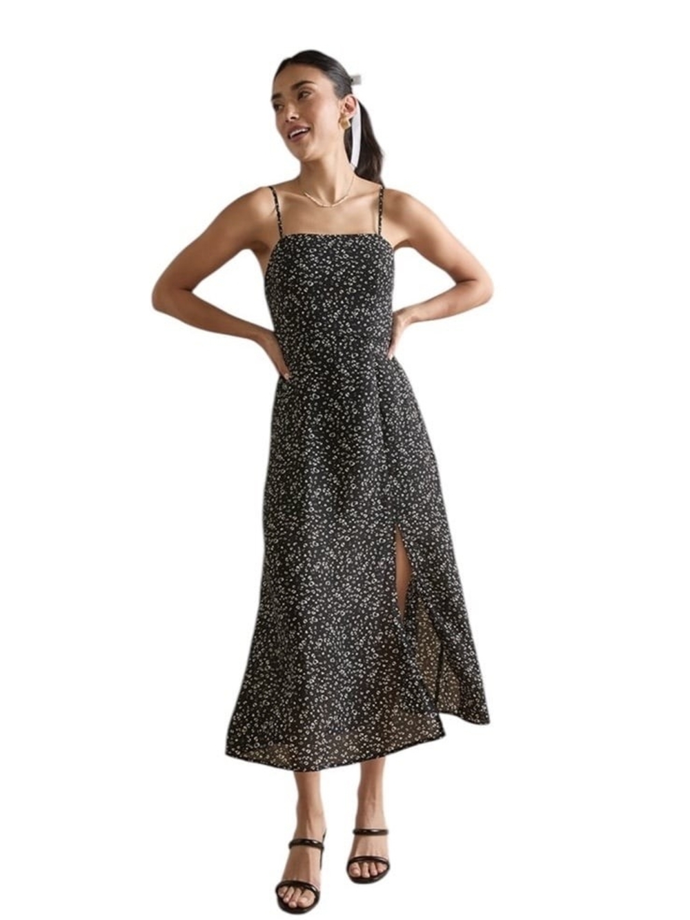 Mi Ami Black Heart Print Square-Neck Midi Dress with Side Slit